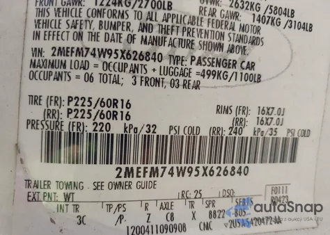 2005 Mercury Grand Marquis Gs from USA, damaged, VIN 2MEFM74W95X626840